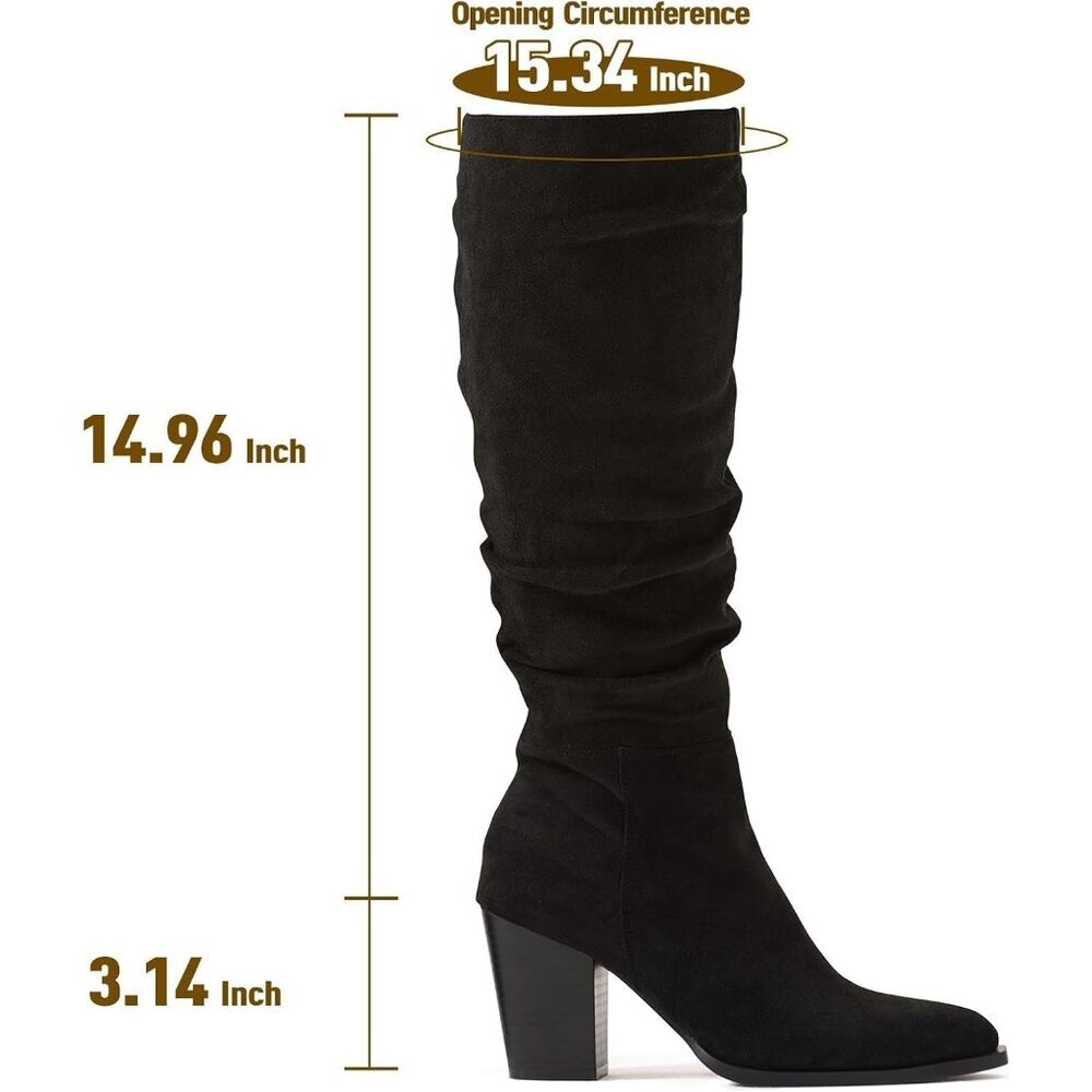 〽️Women's Black Putu Pointed Toe Knee High Faux Suede Slouch Chunky Heel Boots - Picture 5 of 6